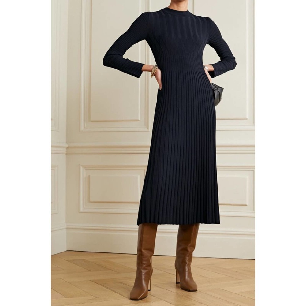MaxMara Nausica Ribbed Knit Long Sleeve Midi Dress